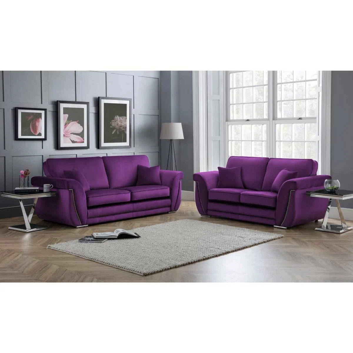 Luca 3 and 2 Seater Full Back Sofa Set Velvet with Beading - Grey – image 4