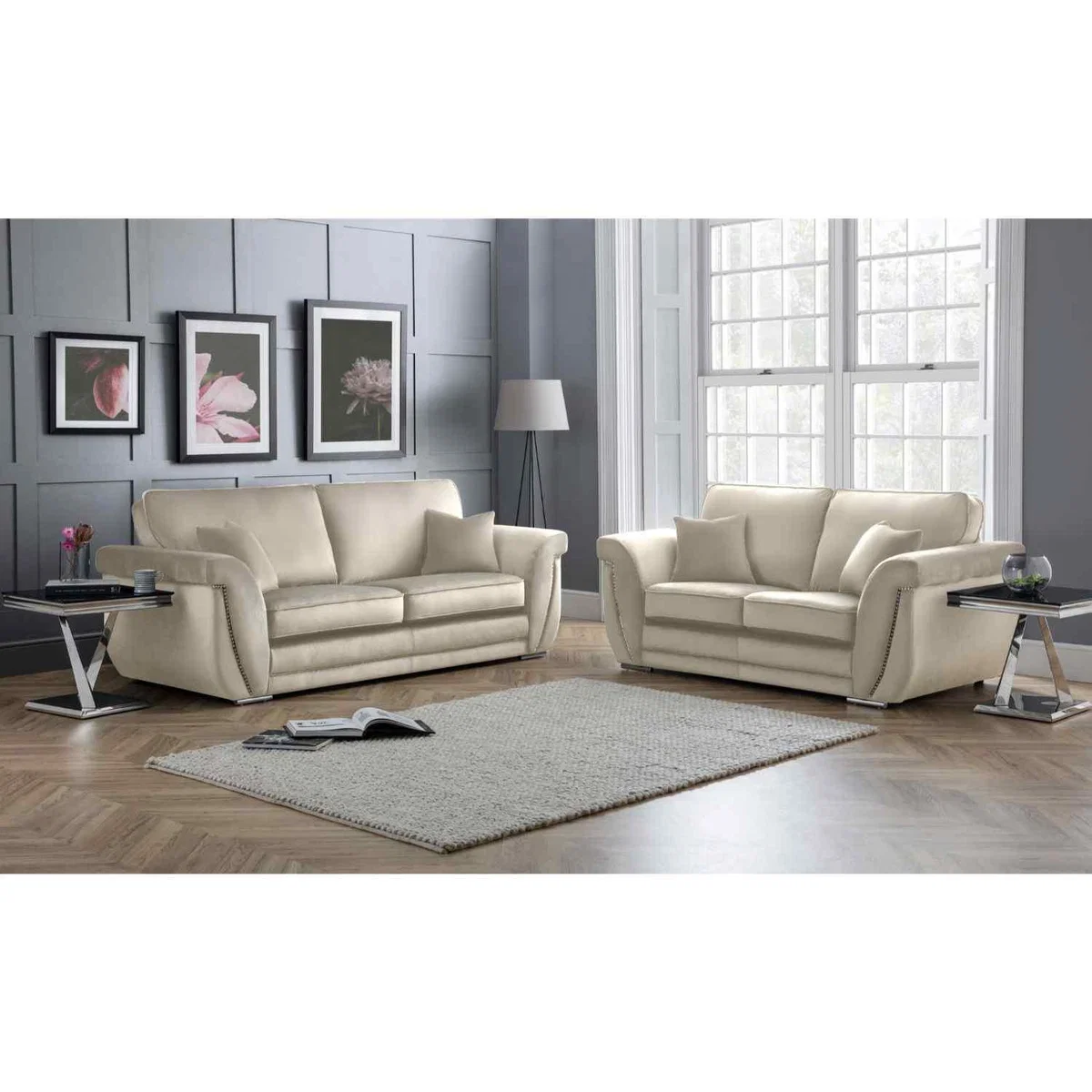 Luca 3 and 2 Seater Full Back Sofa Set Velvet with Beading - Grey – image 5