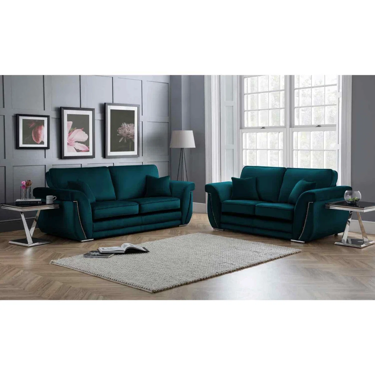 Luca 3 and 2 Seater Full Back Sofa Set Velvet with Beading - Grey – image 6