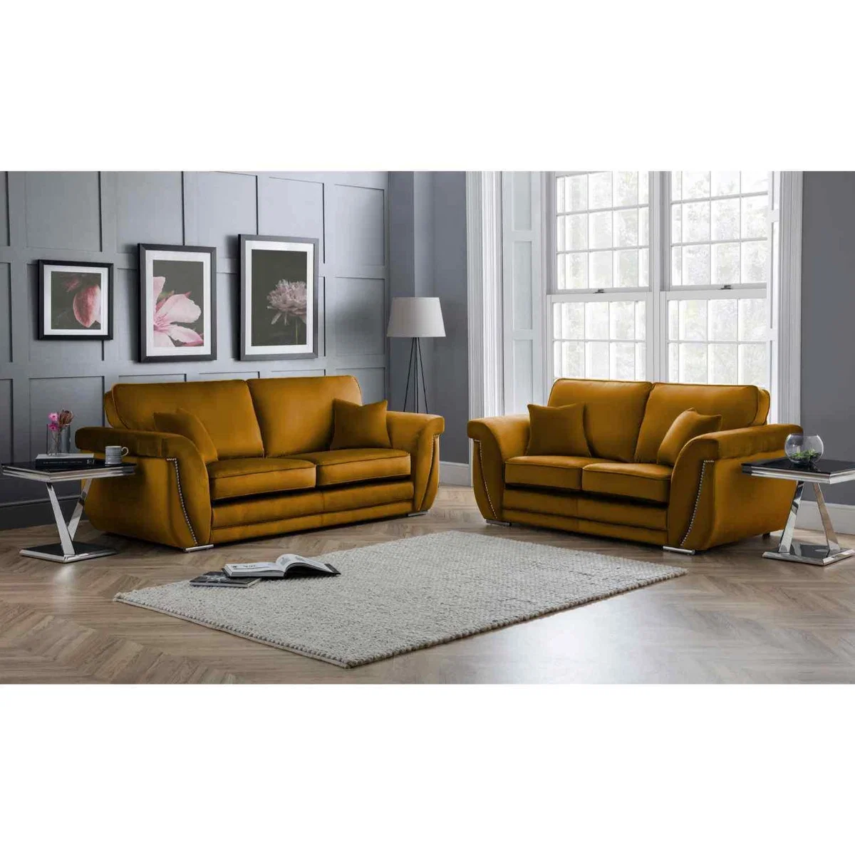 Luca 3 and 2 Seater Full Back Sofa Set Velvet with Beading - Grey – image 7