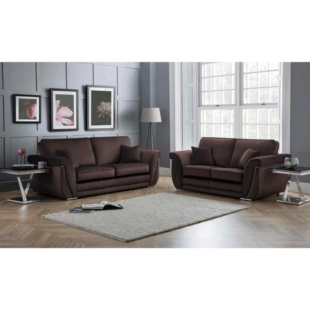 Luca 3 and 2 Seater Full Back Sofa Set Velvet with Beading - Grey – image 9