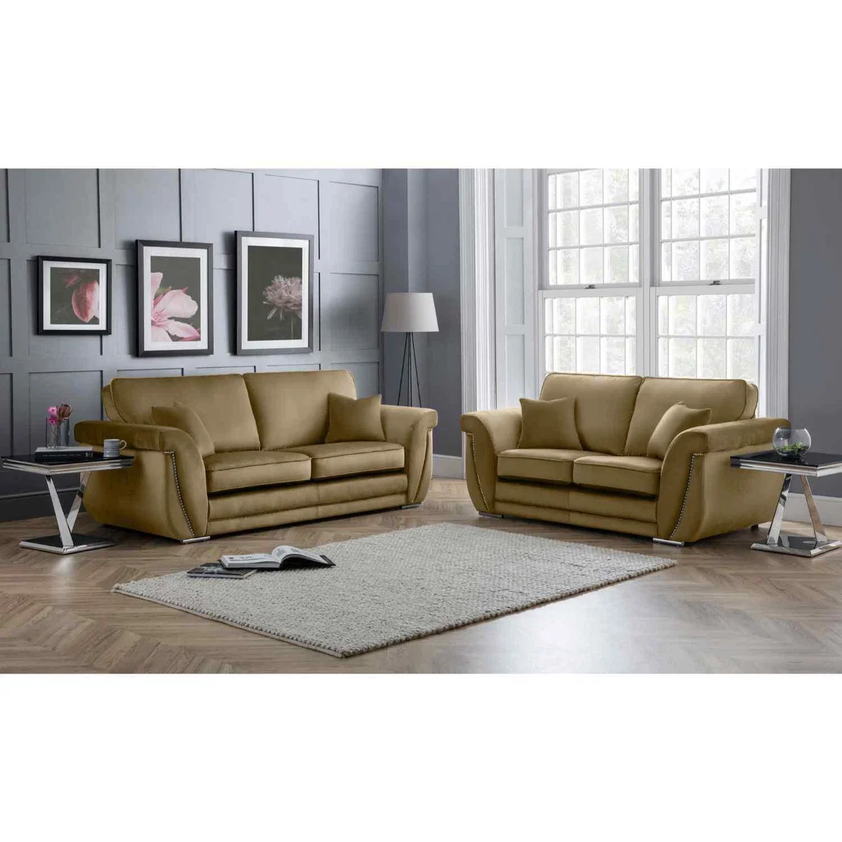 Luca 3 and 2 Seater Full Back Sofa Set Velvet with Beading - Grey – image 10