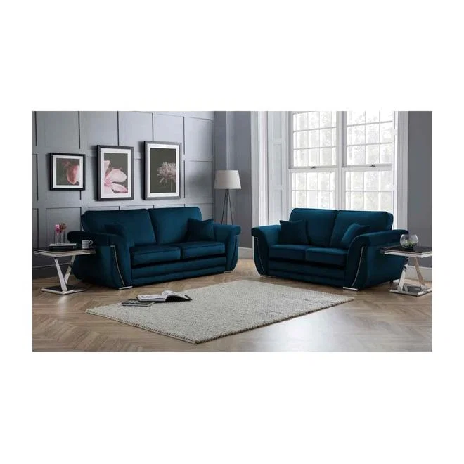 Luca 3 and 2 Seater Full Back Sofa Set Velvet with Beading - Peacock – image 1