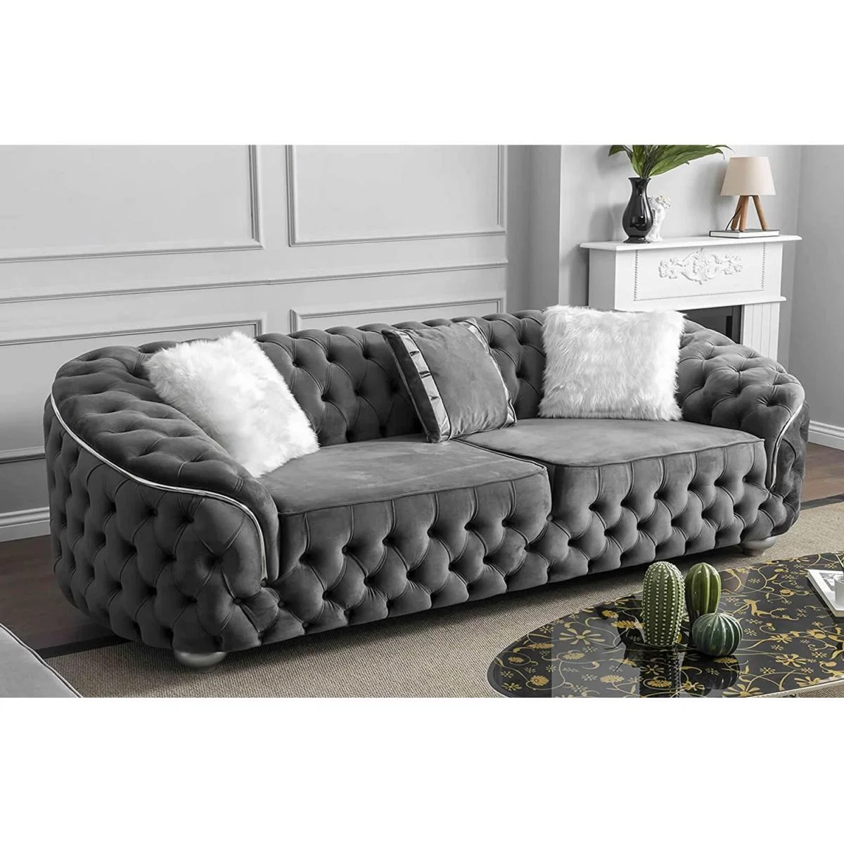 Bursa Velvet 2 Seater Chesterfield Sofa - Grey – image 3