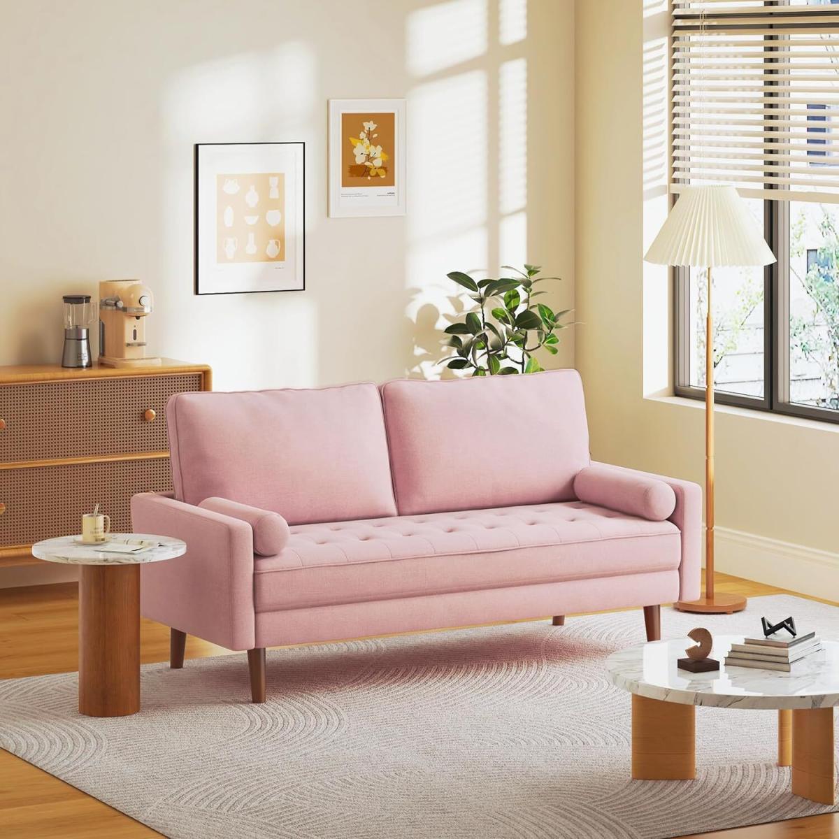 2 Seater Sofa Button Tufted Seat Cushions - Pink
