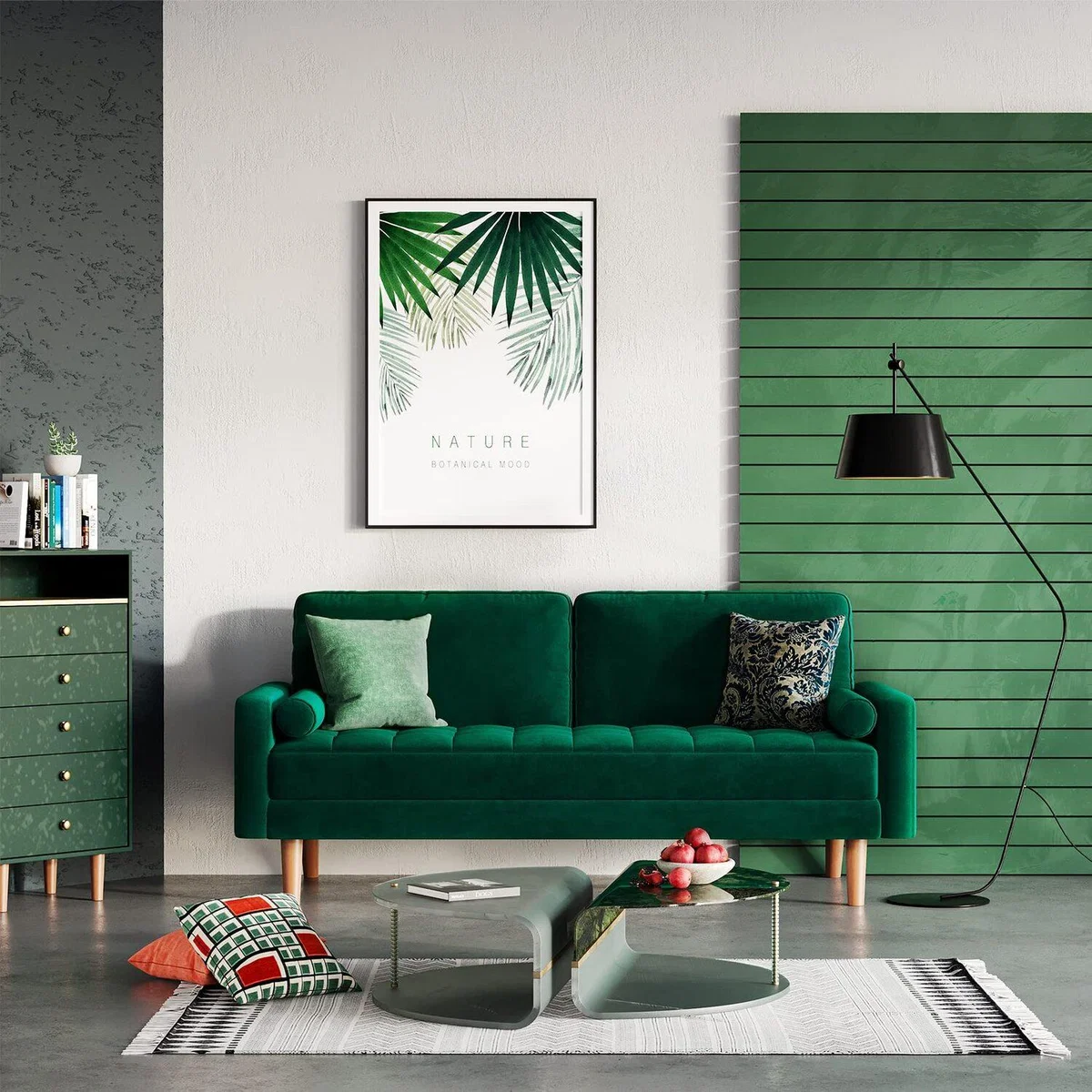 2 Seater Sofa Velvet Sofa With 2 Bolster Pillows - Green – image 2