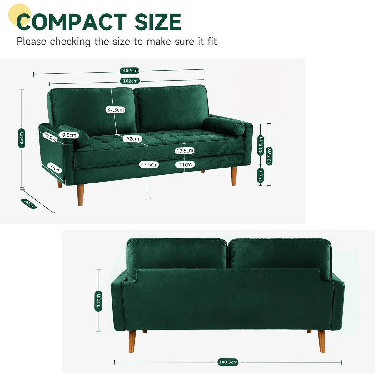 2 Seater Sofa Velvet Sofa With 2 Bolster Pillows - Green – image 3