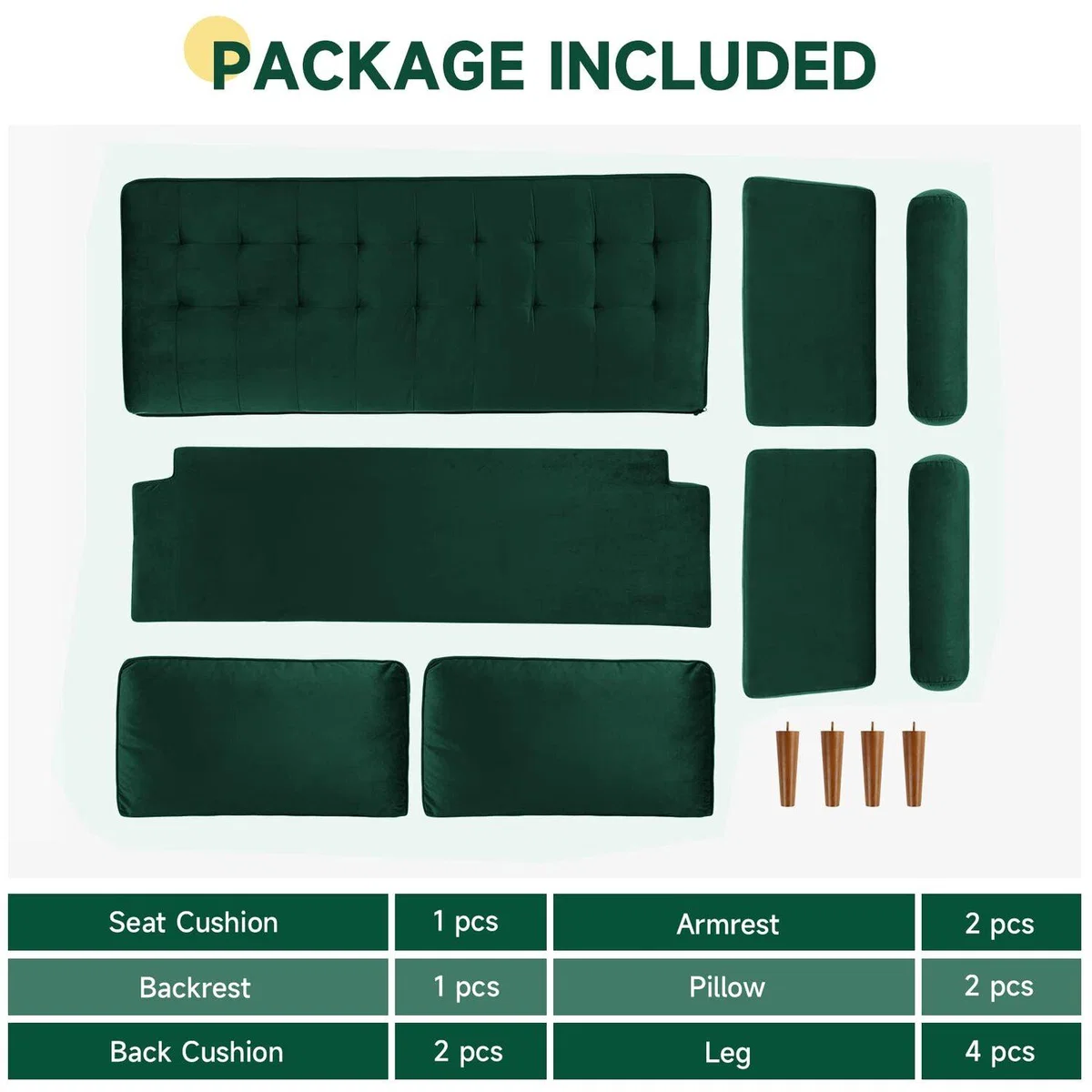 2 Seater Sofa Velvet Sofa With 2 Bolster Pillows - Green – image 4