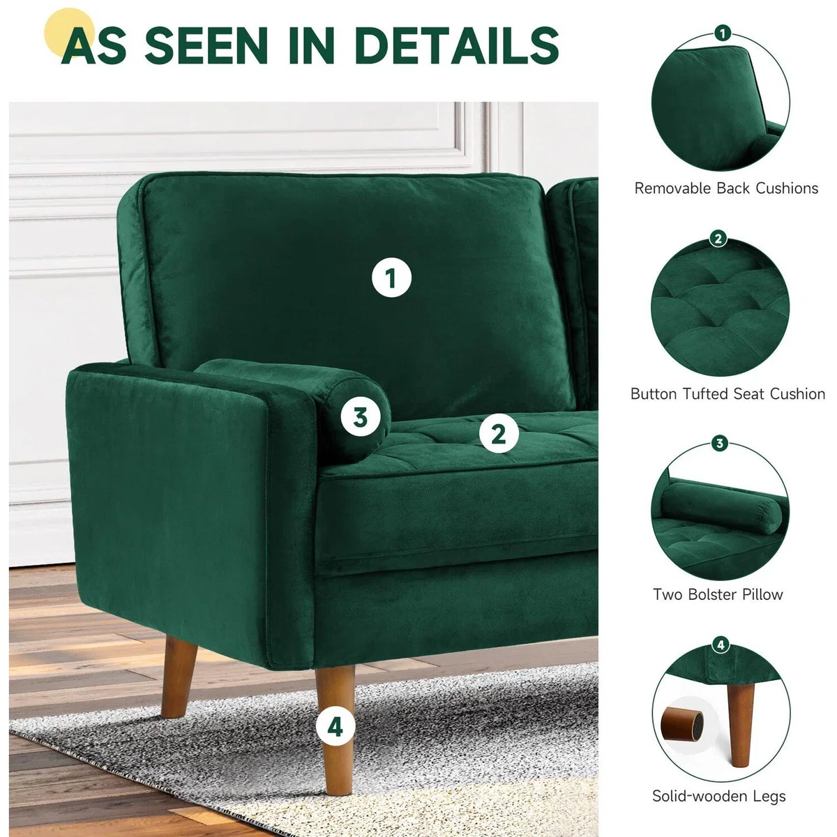 2 Seater Sofa Velvet Sofa With 2 Bolster Pillows - Green – image 6