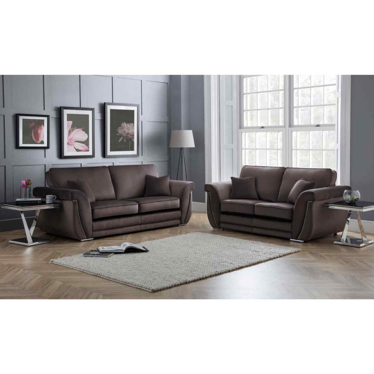 Luca 3 and 2 Seater Full Back Sofa Set Velvet with Beading - Taupe – image 2