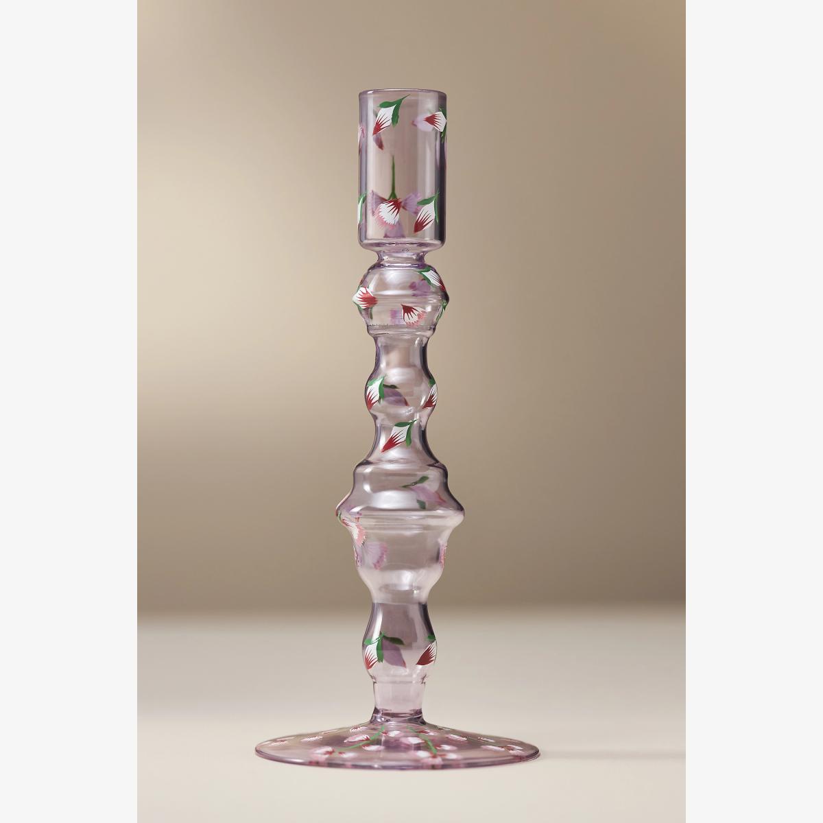 Floral Purple Glass Taper Candle Holder – image 1