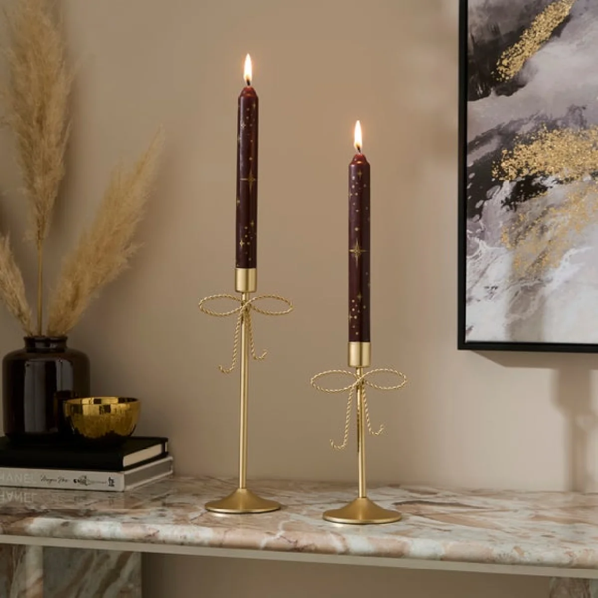 Set of 2 Burgundy & Gold Celestial Taper Candles – image 1