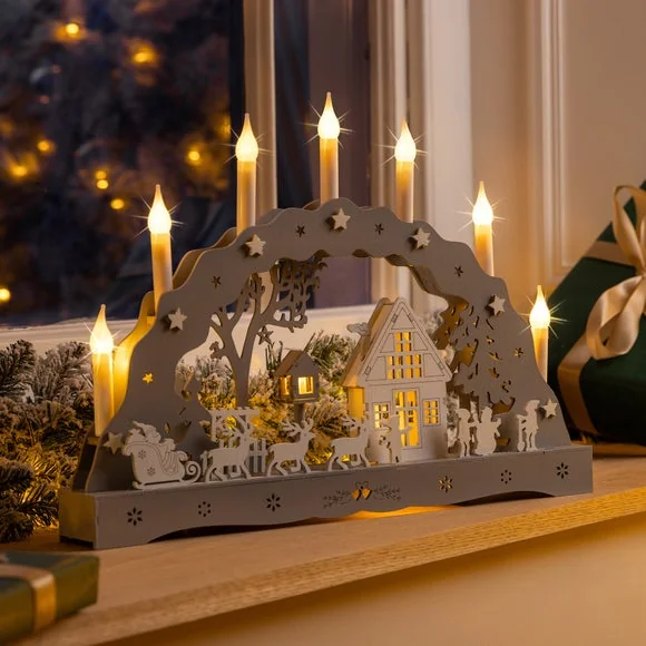 LED Light Up Wooden Winter Scene Candle Bridge – image 1