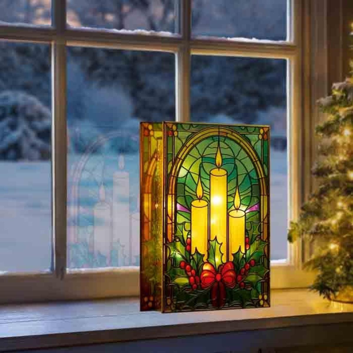 Premier Lit Candles and Holly Stained Glass - 21cm In Multicolour – image 3