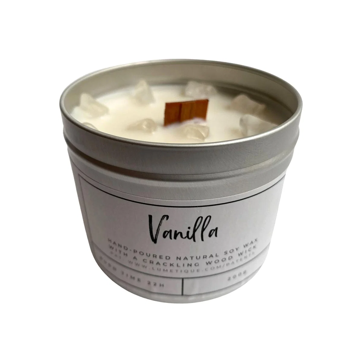 Aluminium Tin Candle - White / Vanilla with Clear Quartz Crystals
