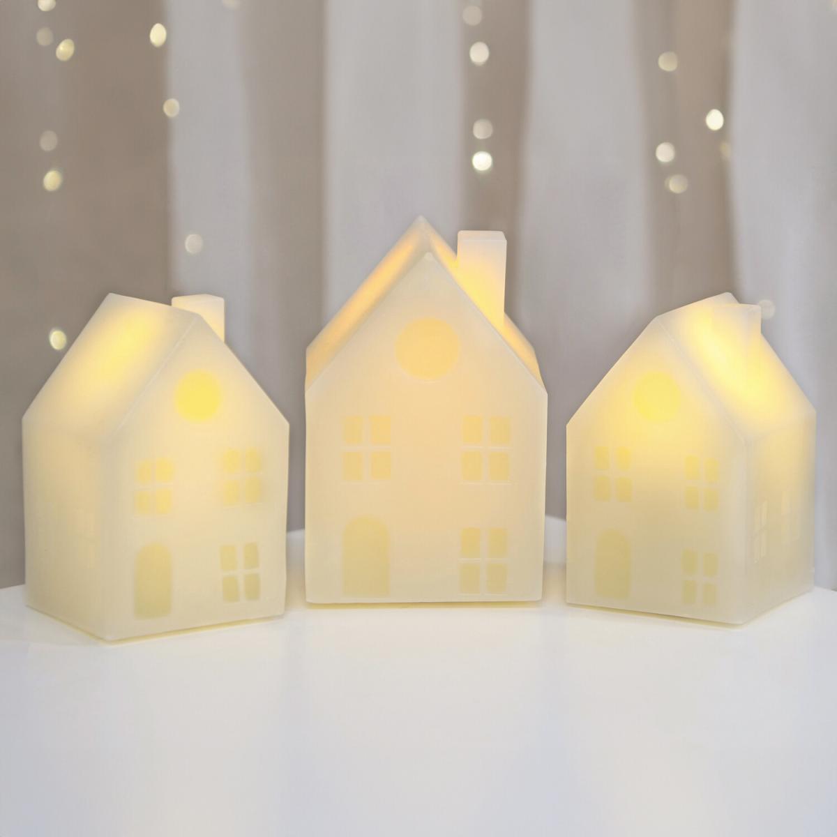 Set of 3 Houses LED Candles - White