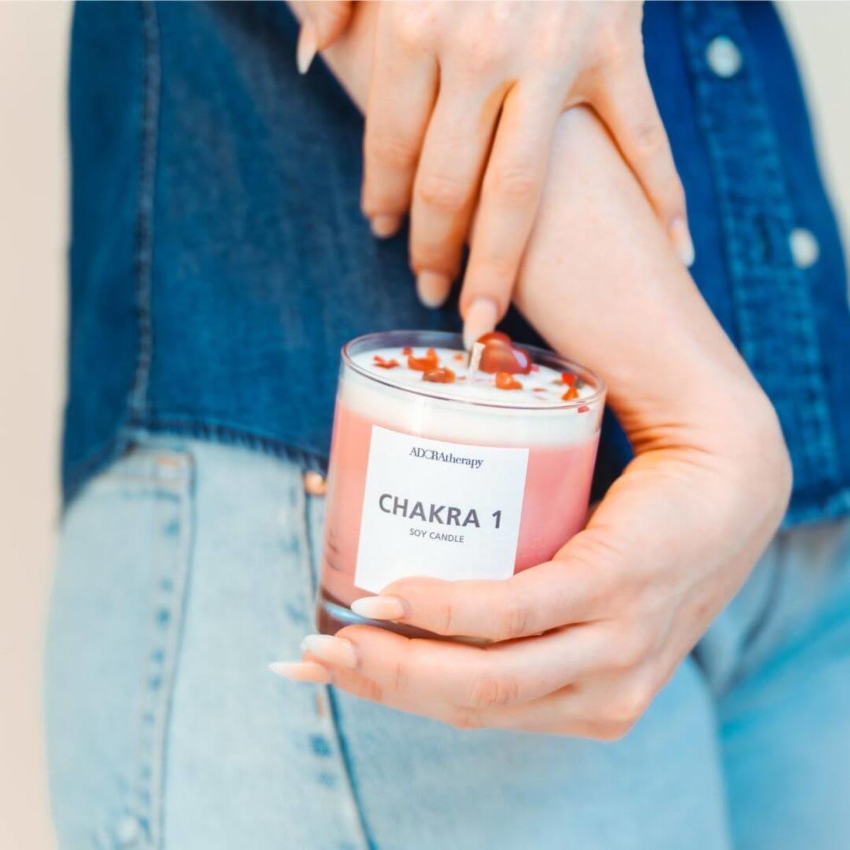 Chakra One Soy Candle With Red Jasper Gemstones | Adoratherapy – image 2