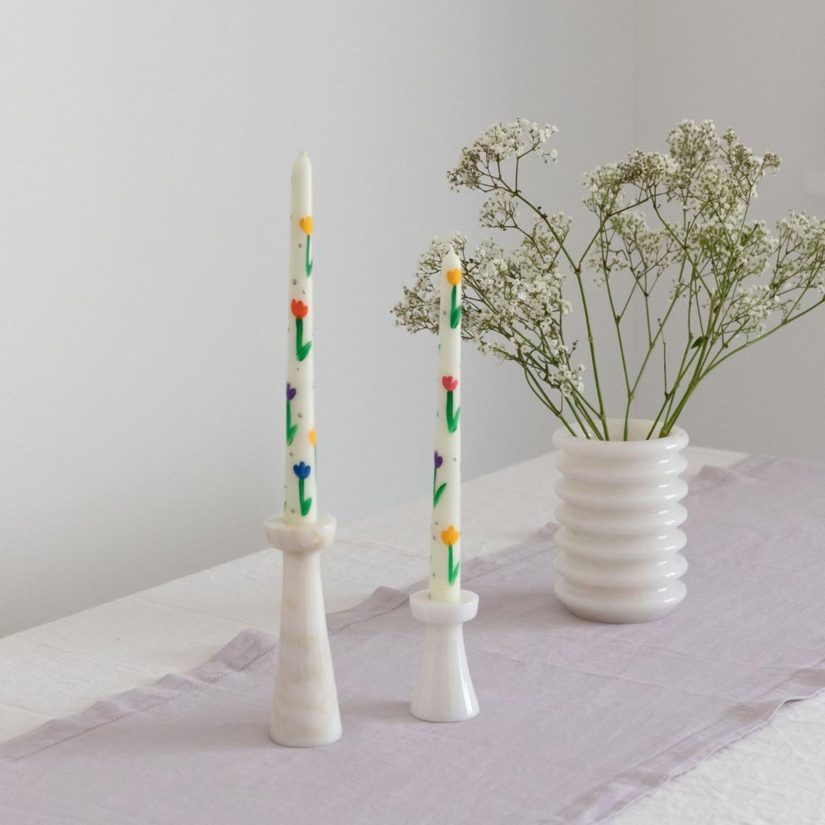 White / Green Tulip Hand Painted Taper Candle Set | One Size | Urban Society Studio – image 2