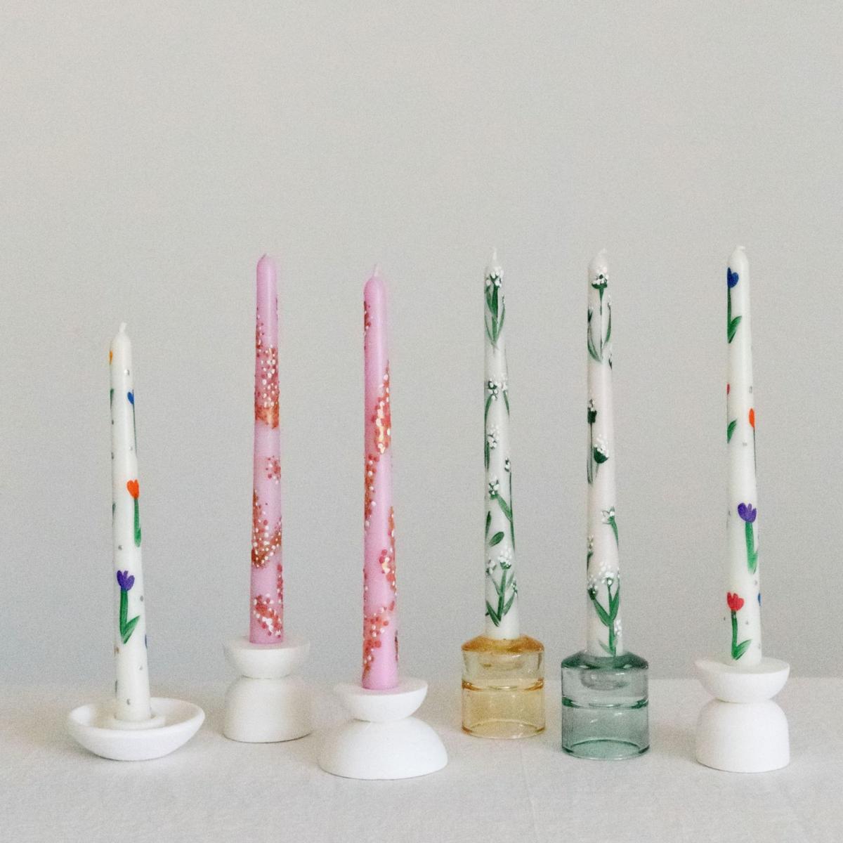 White / Green Tulip Hand Painted Taper Candle Set | One Size | Urban Society Studio – image 3