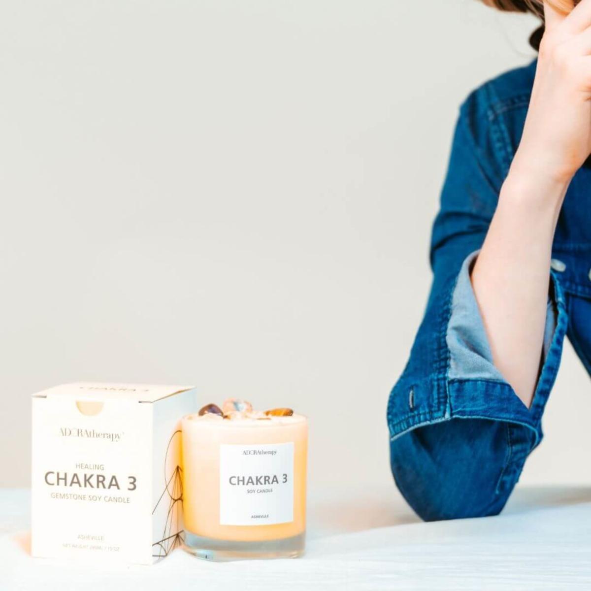 Yellow / Orange Chakra Three Soy Candle With Tiger Eye Gemstones | Adoratherapy – image 2
