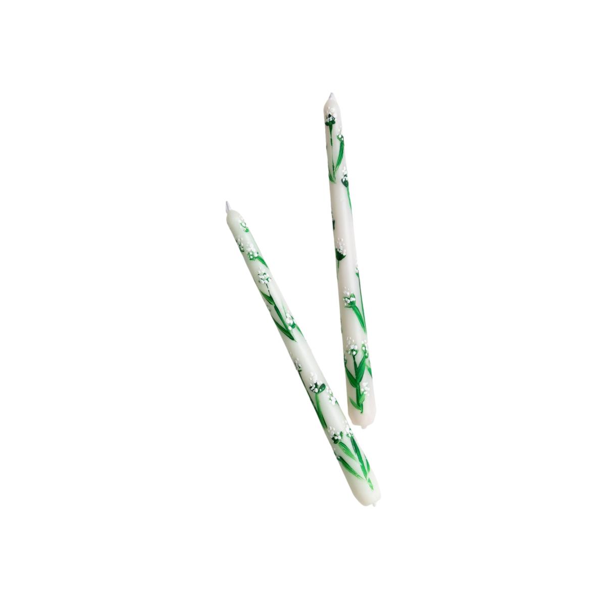 White / Green Cow Parsley Hand Painted Taper Candle Set | One Size | Urban Society Studio – image 1