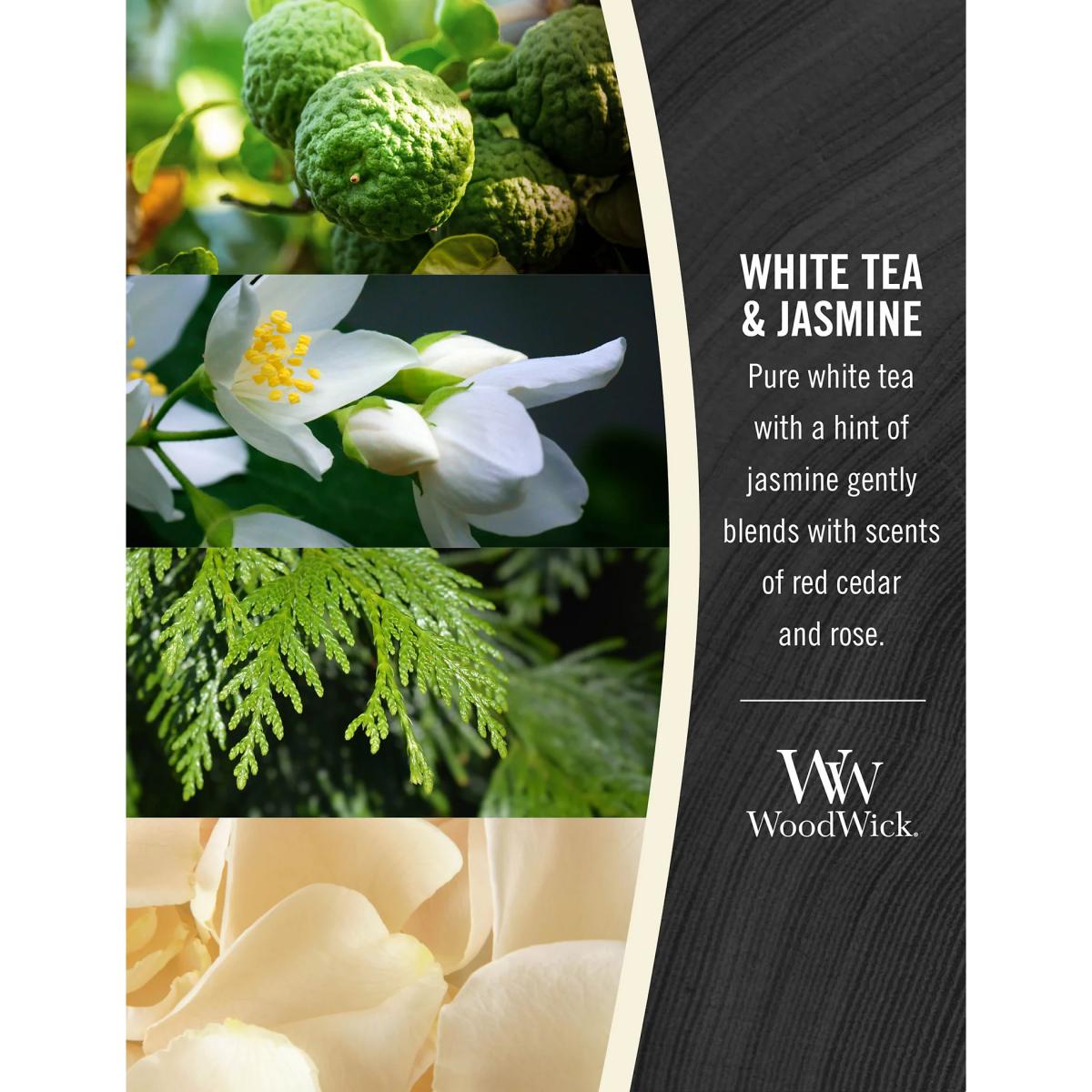 Woodwick White Tea & Jasmine Hourglass Candle with Crackle Wick, White – image 3