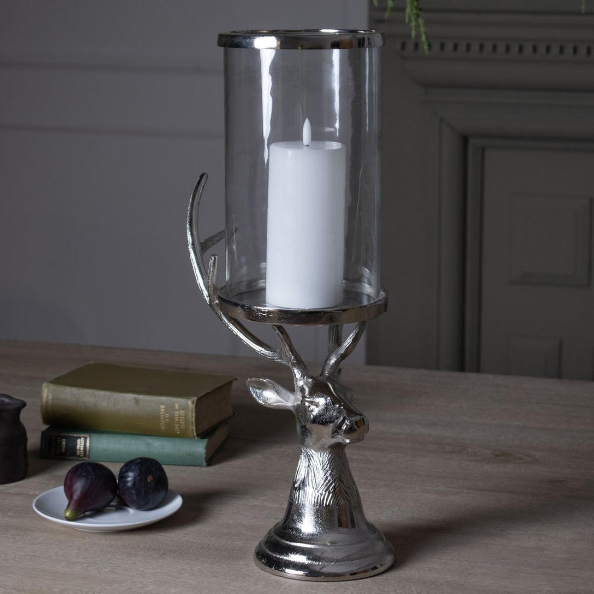 Hill Interiors Stag Candle Hurricane Lantern in Silver / Large – image 2