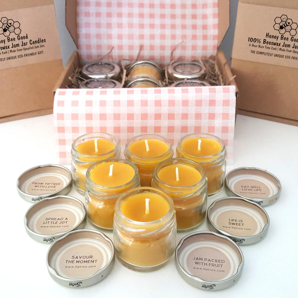 Gift Set of 6 Pure Beeswax Upcycled Jam Pot Candles, 6 hr Burn Time each - Pale Yellow – image 2