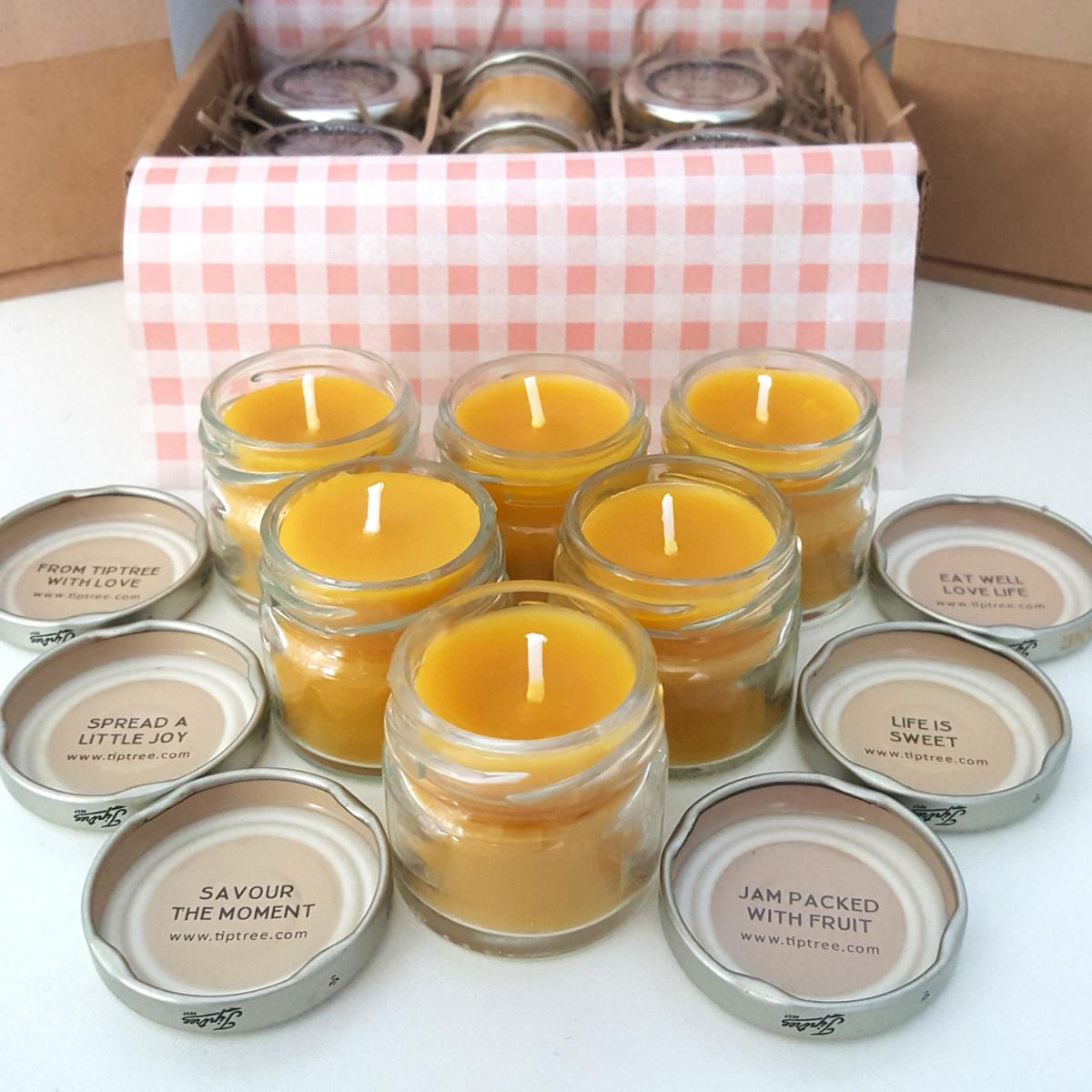 Gift Set of 6 Pure Beeswax Upcycled Jam Pot Candles, 6 hr Burn Time each - Pale Yellow – image 3