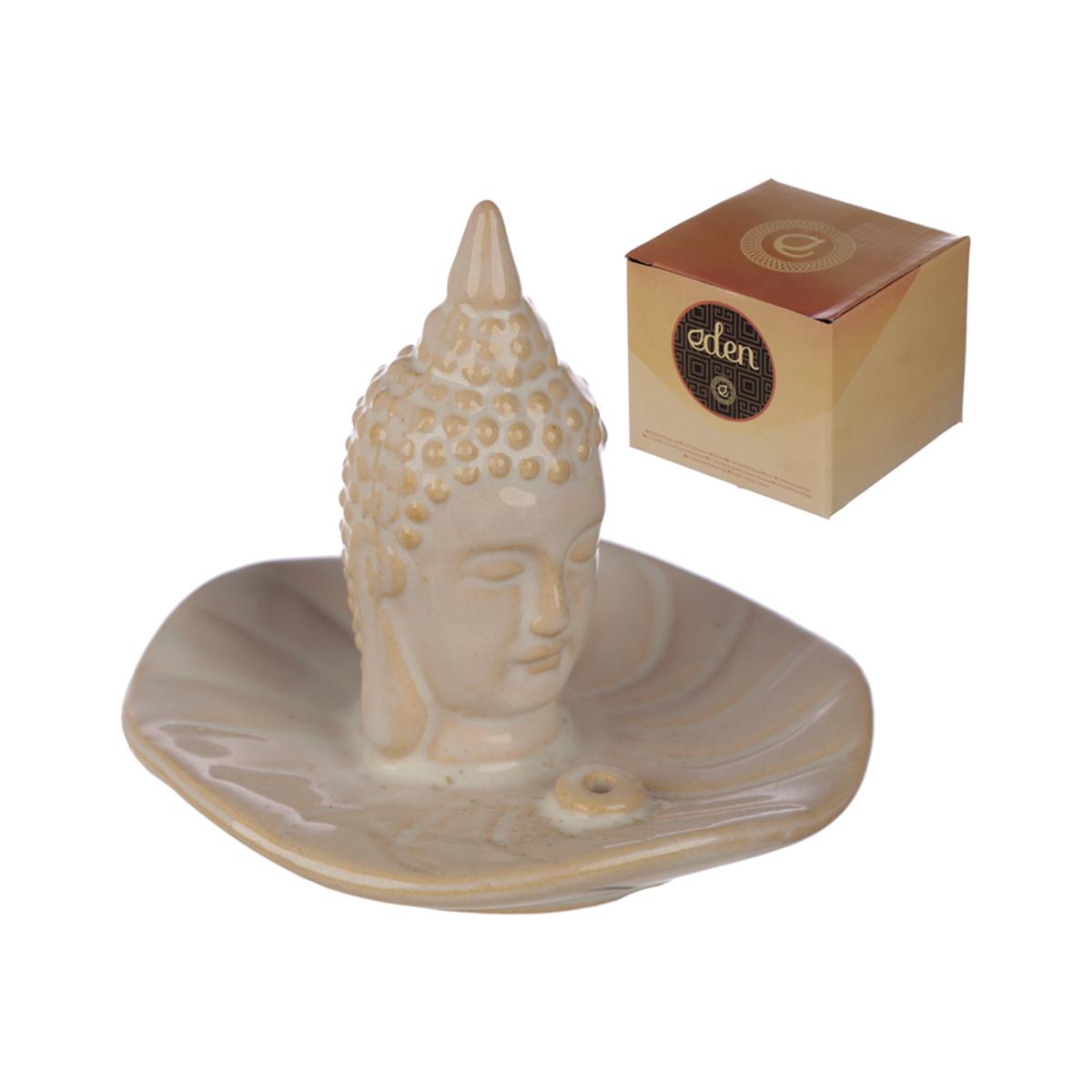 Eden Ceramic Incense Burner Ashcatcher Dish - Thai Buddha and Leaf - Brown