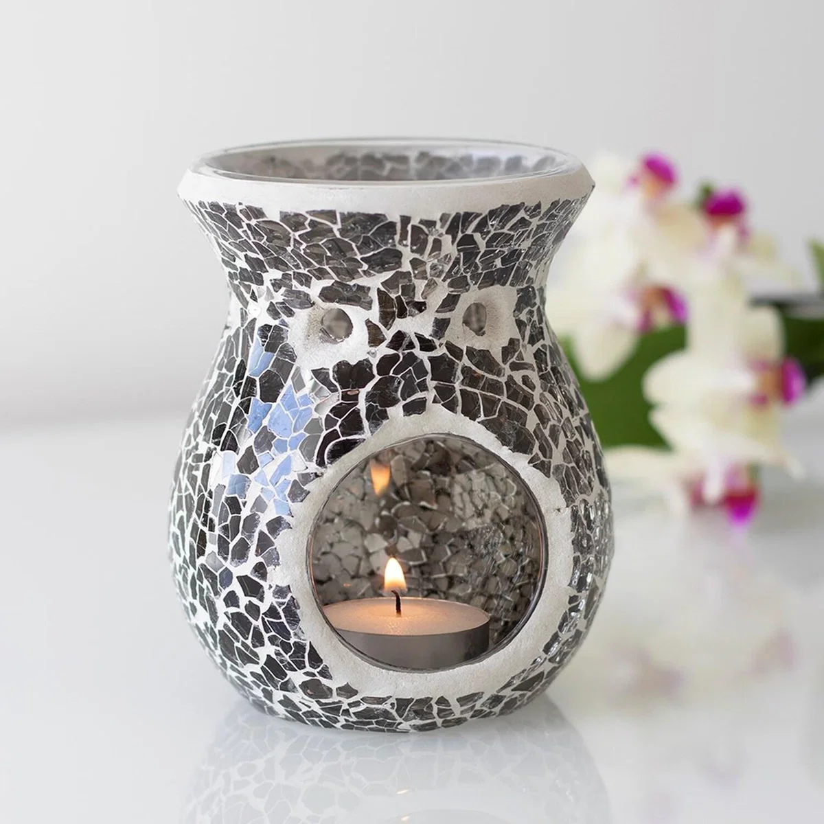 Small Crackle Glass Oil Burner - Gunmetal Grey