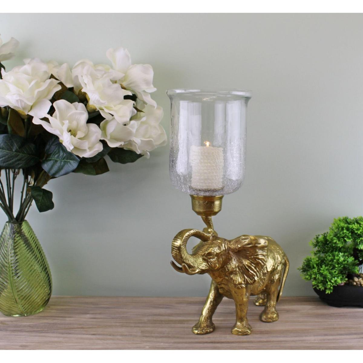 Large Gold Elephant Candle Holder with Glass Hurricane Jar - Bronze – image 3