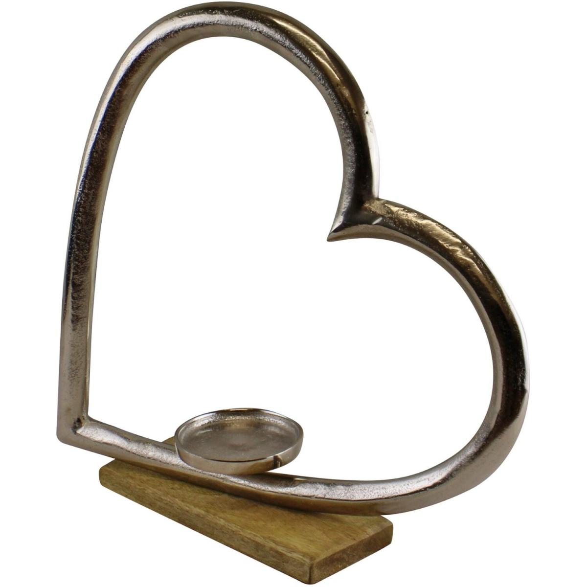 Large Metal Heart Candle Holder with Wooden Base - Silver – image 2
