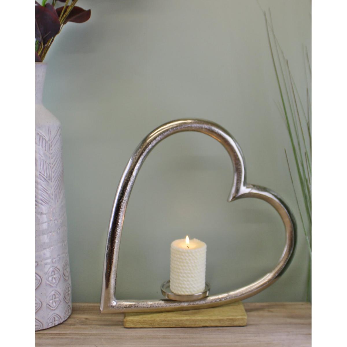 Large Metal Heart Candle Holder with Wooden Base - Silver – image 3