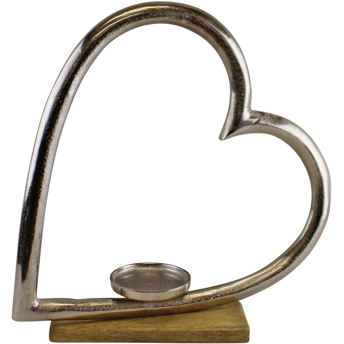Large Metal Heart Candle Holder with Wooden Base - Silver – image 4