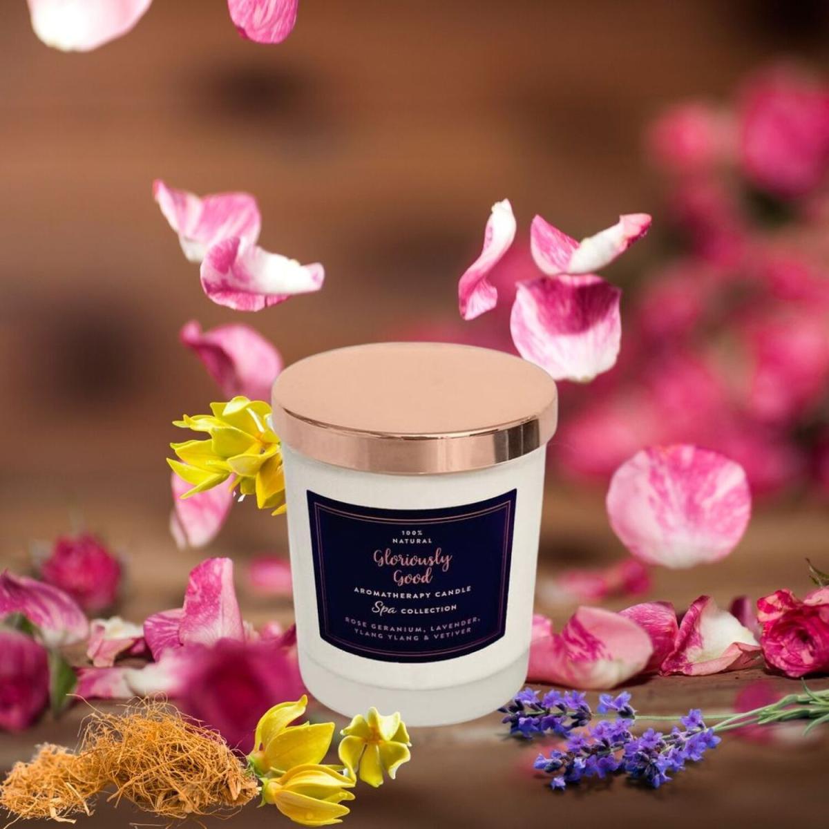 Rose Geranium, Lavender, Ylang Ylang and Vetiver Aromatherapy Candle - White – image 1