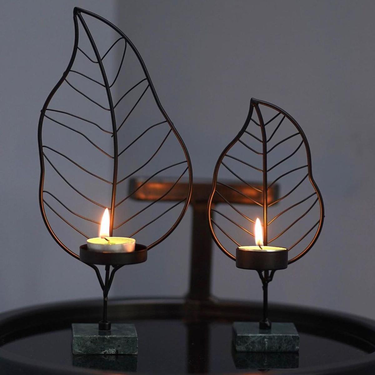 The Mia Black Leaf Tealight Holder With Marble Stand - Black and Green / 22cm – image 2