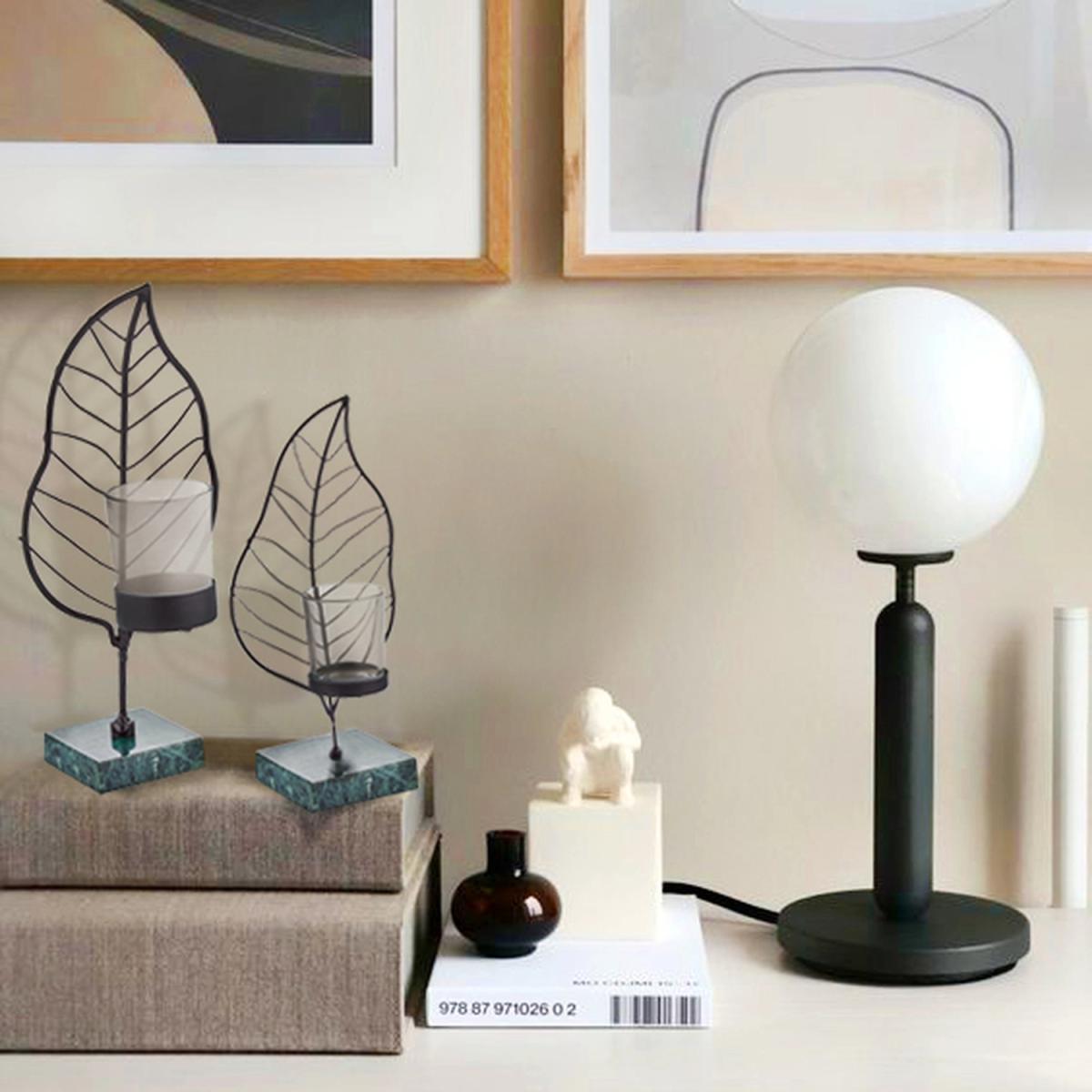 The Mia Black Leaf Tealight Holder With Marble Stand - Black and Green / 22cm – image 3