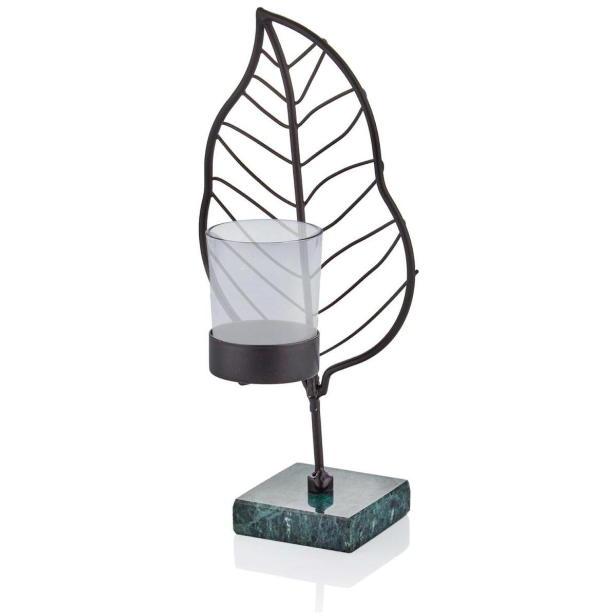The Mia Black Leaf Tealight Holder With Marble Stand - Black and Green / 22cm – image 4