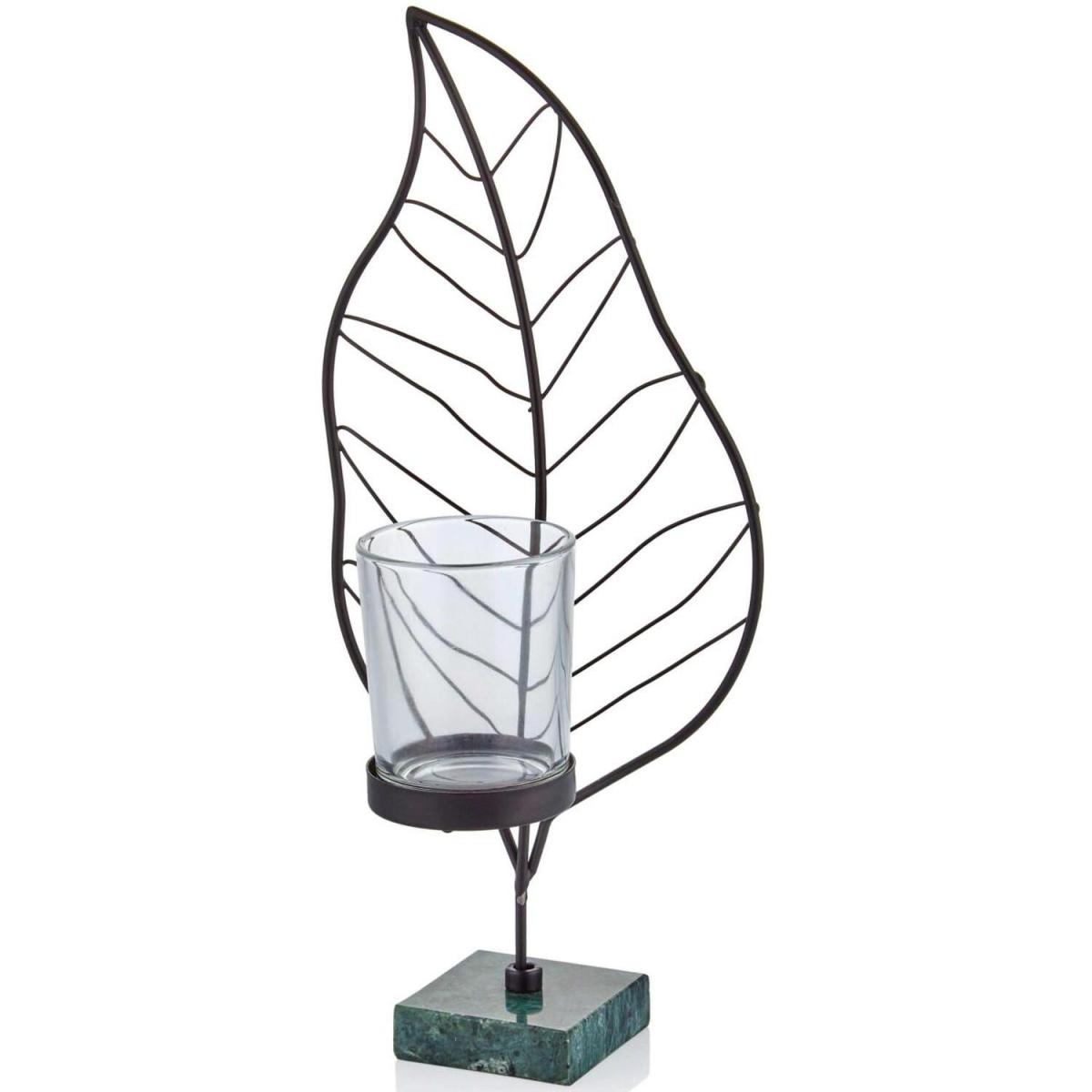 The Mia Black Leaf Tealight Holder With Marble Stand - Black and Green / 22cm – image 5