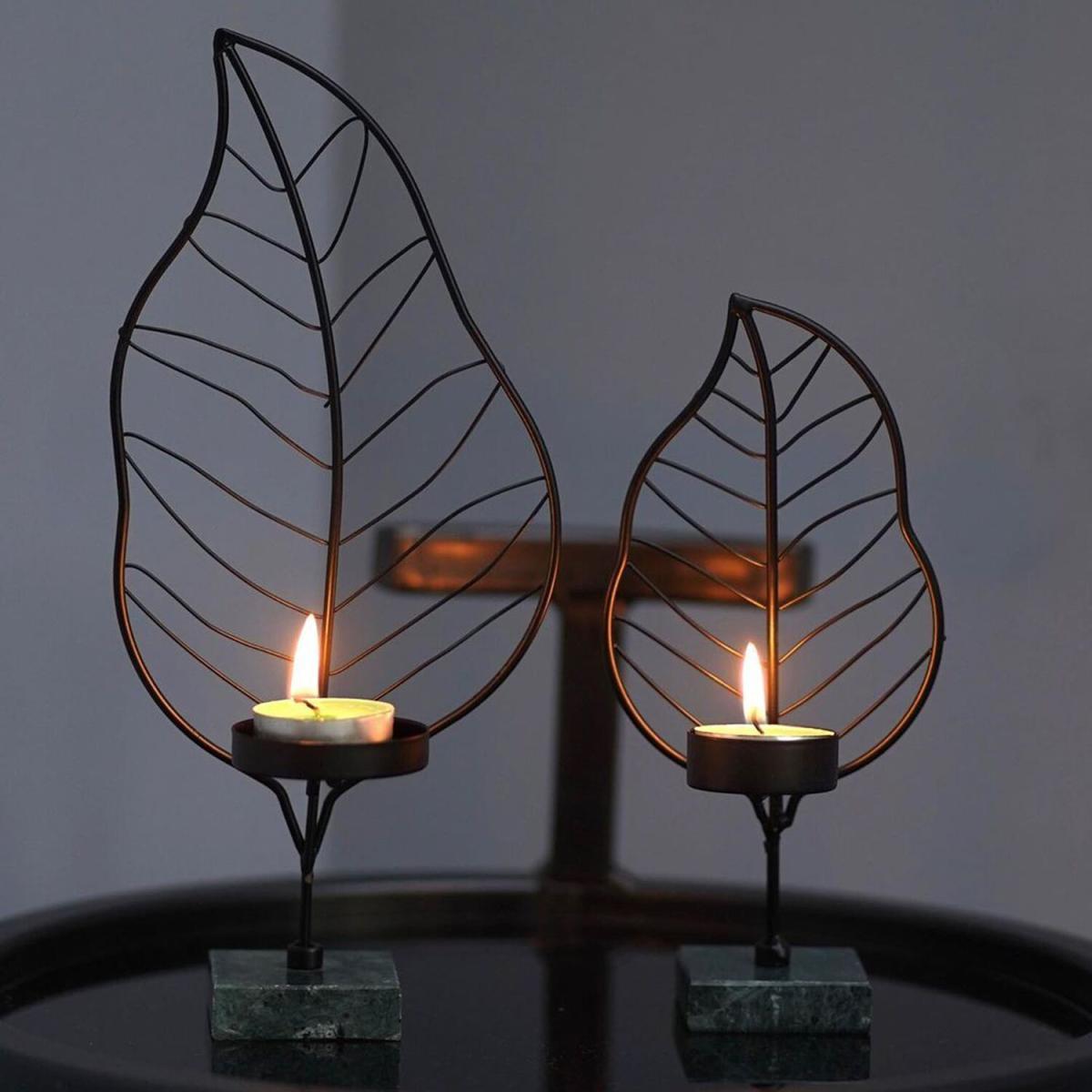 The Mia Black Leaf Tealight Holder With Marble Stand - Black and Green / 22cm – image 7