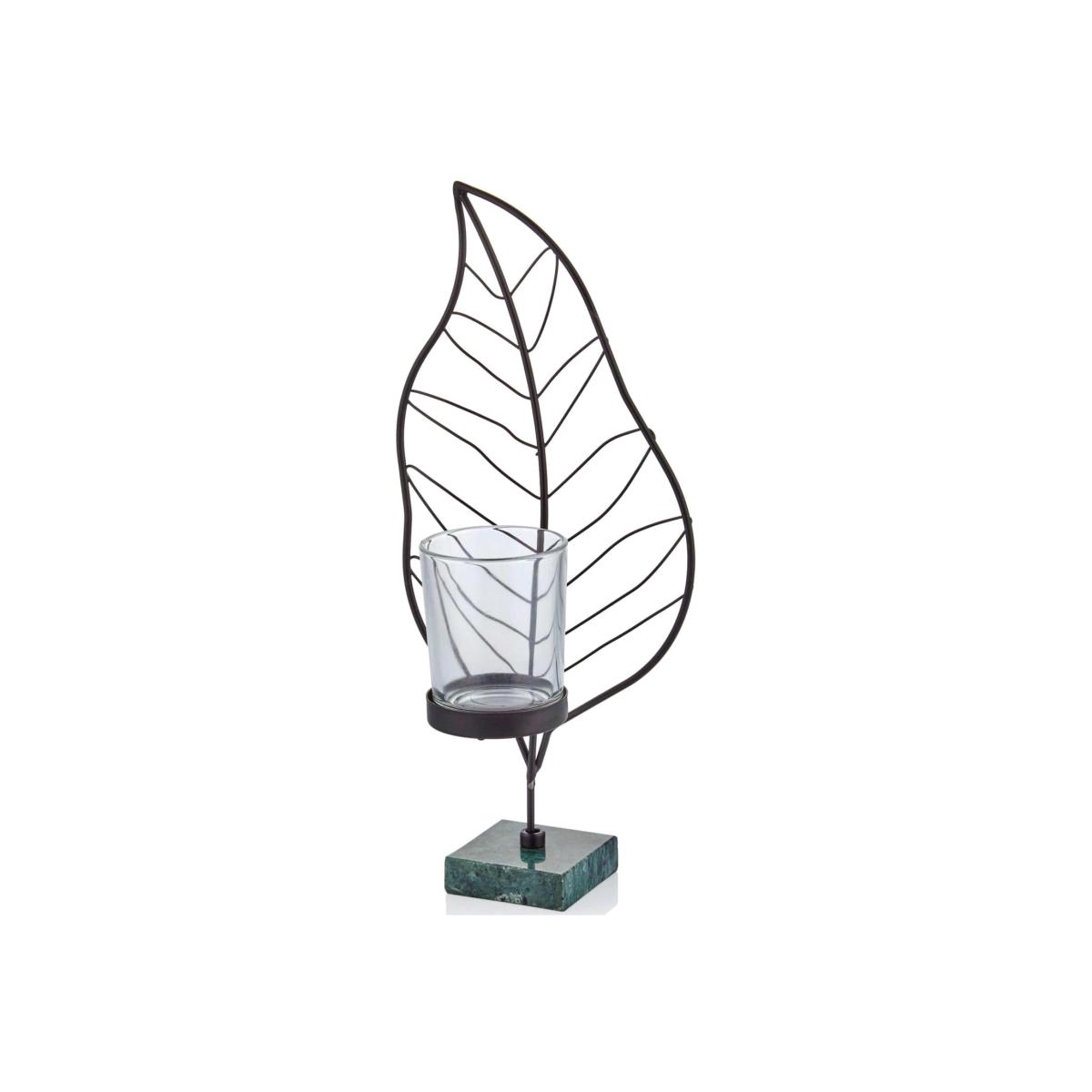 The Mia Black Leaf Tealight Holder With Marble Stand - Black and Green / 22cm – image 1