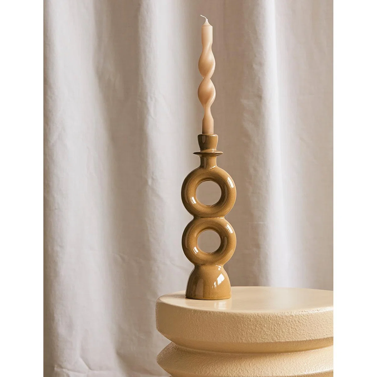 Double Circle Stoneware Candle Holder - Mustard – image 2