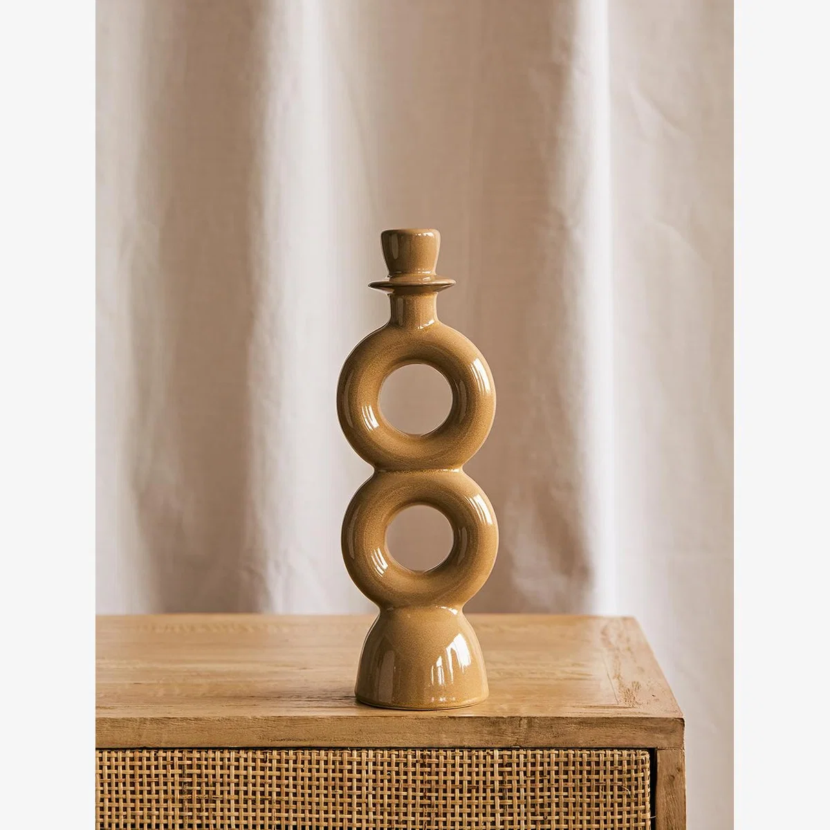Double Circle Stoneware Candle Holder - Mustard – image 1