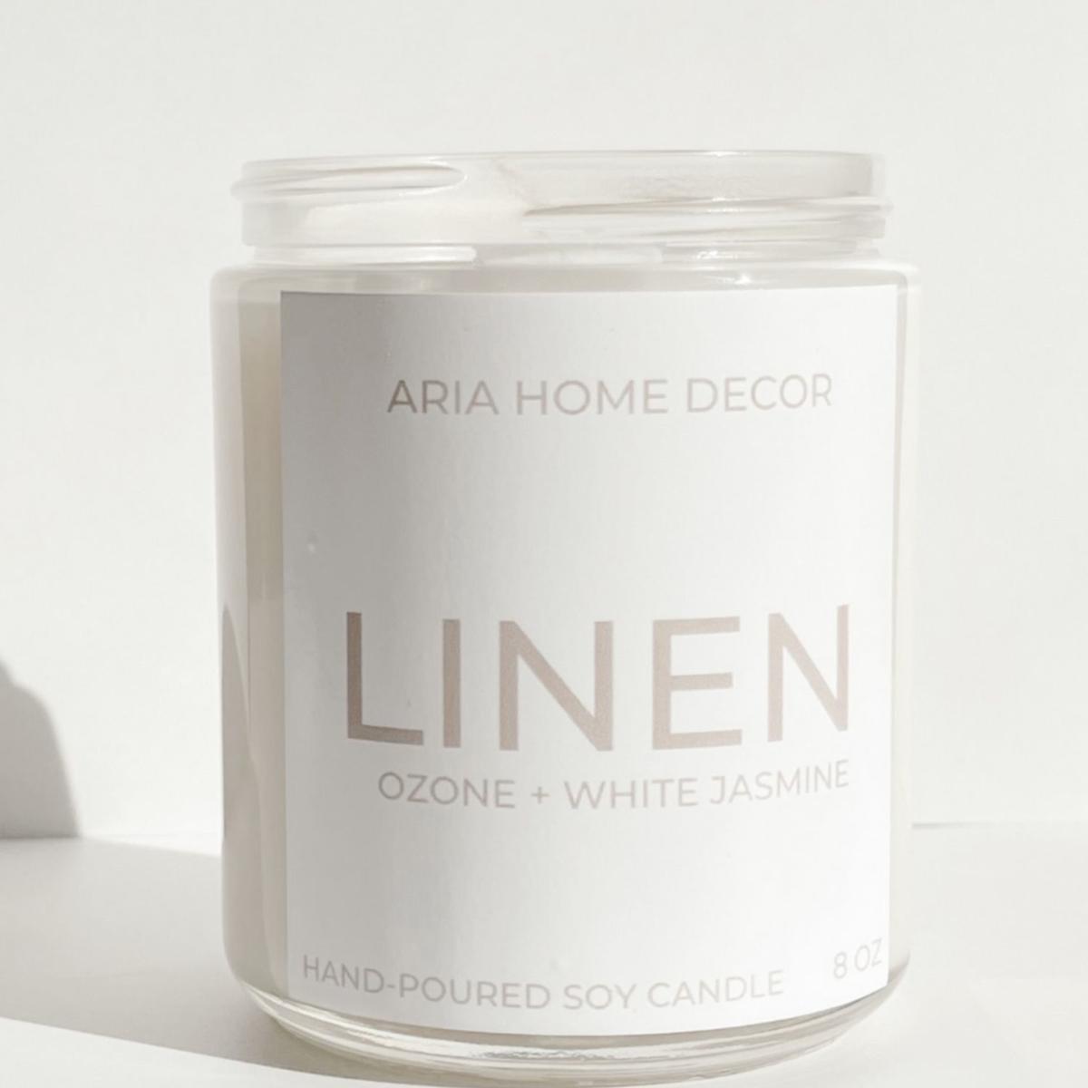 Linen Coconut Soy Candle White Jasmine + Ozone Aria Home Decor – image 2
