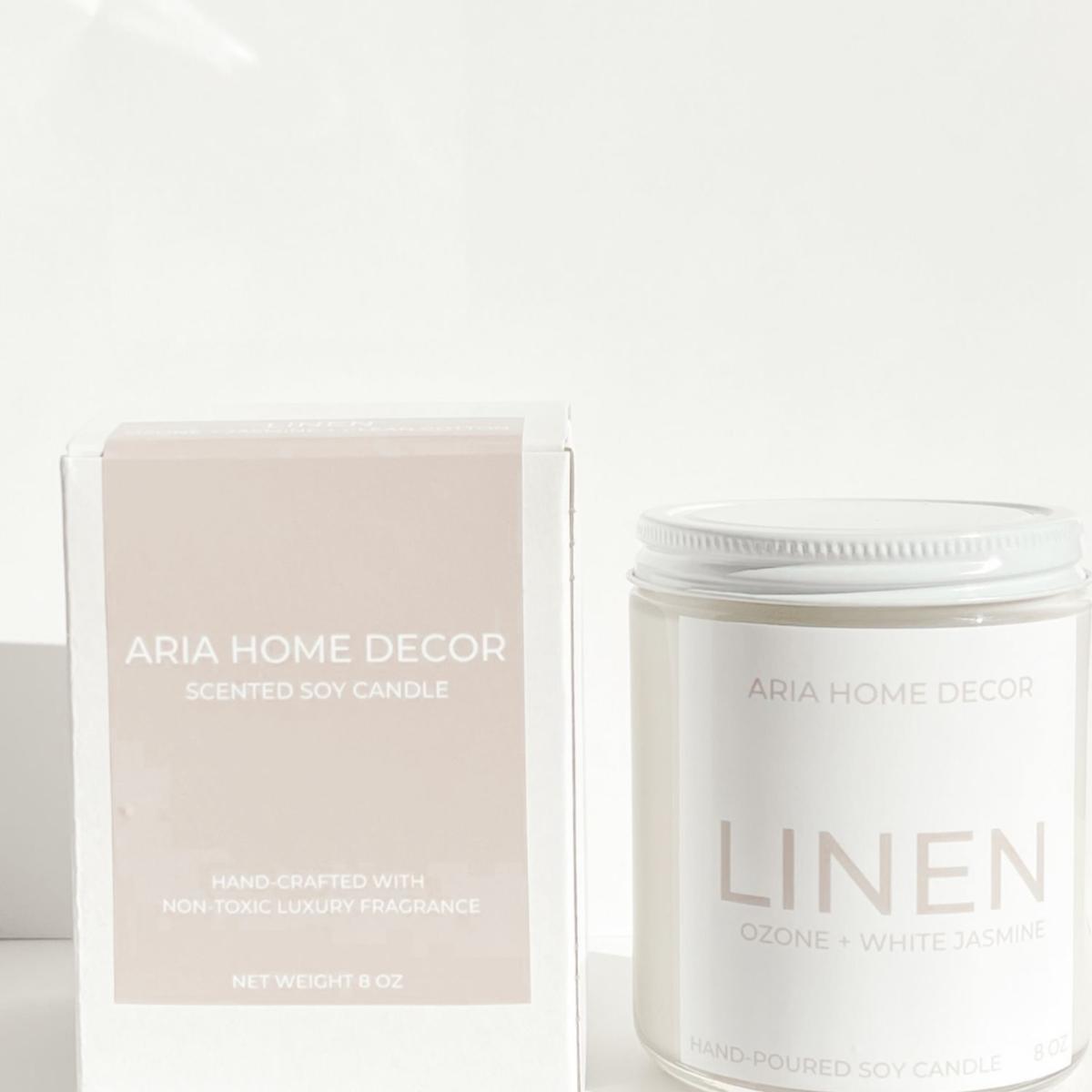 Linen Coconut Soy Candle White Jasmine + Ozone Aria Home Decor – image 3