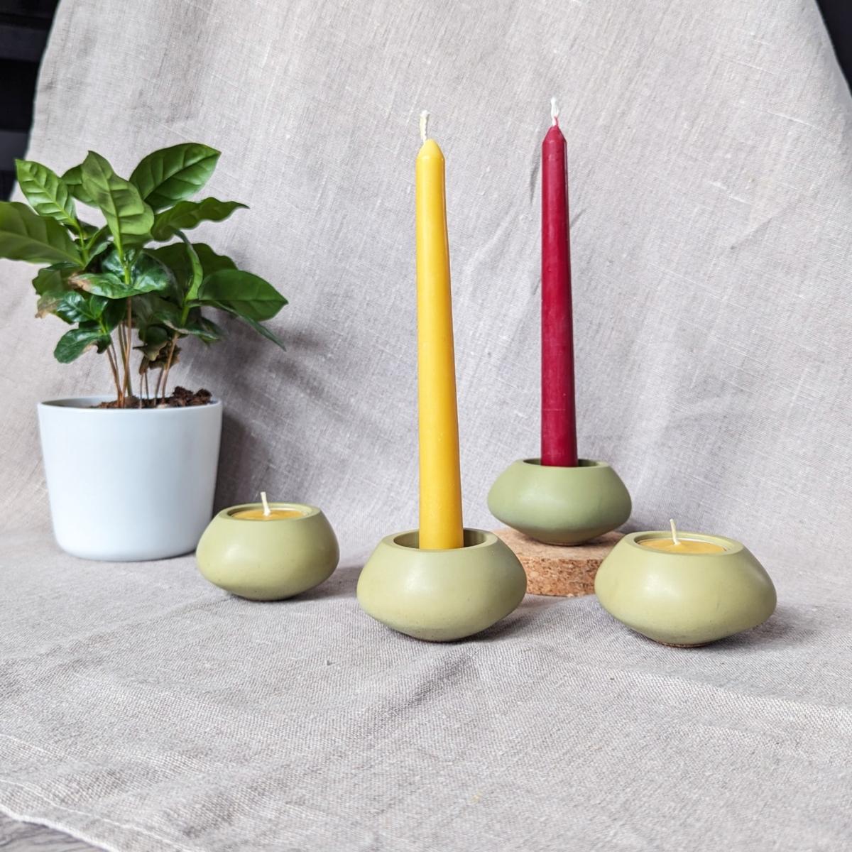 Concrete Tealight Candle Holders And Beeswax Candles Gift Set - Olive Green One Size Ruby Melo – image 3