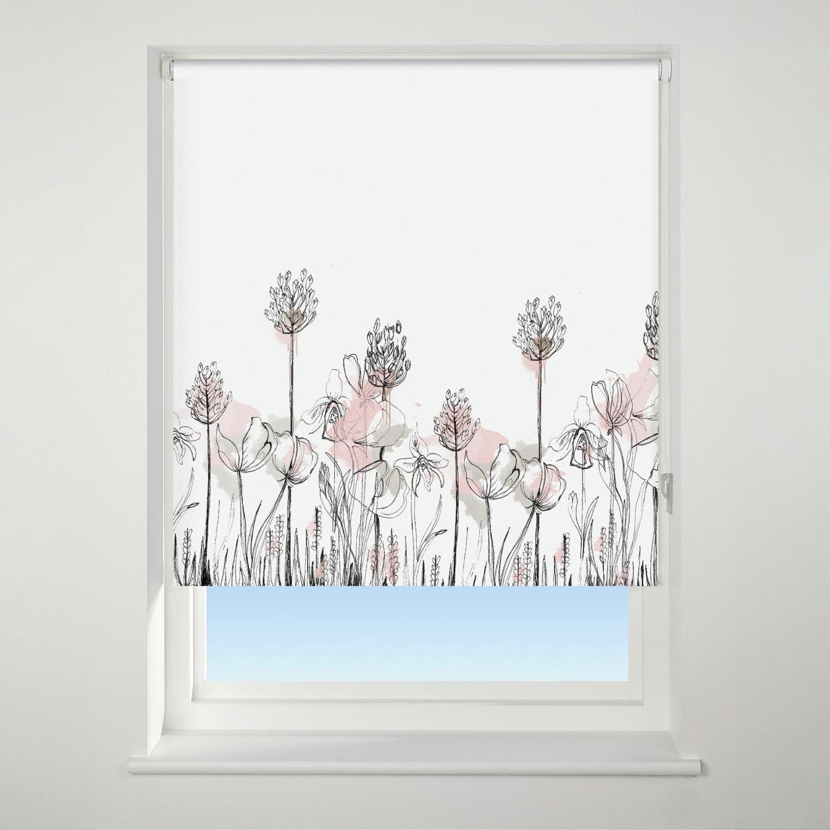 Universal Patterned Floral Border Pink Blackout Roller Blind Pink/White/Black