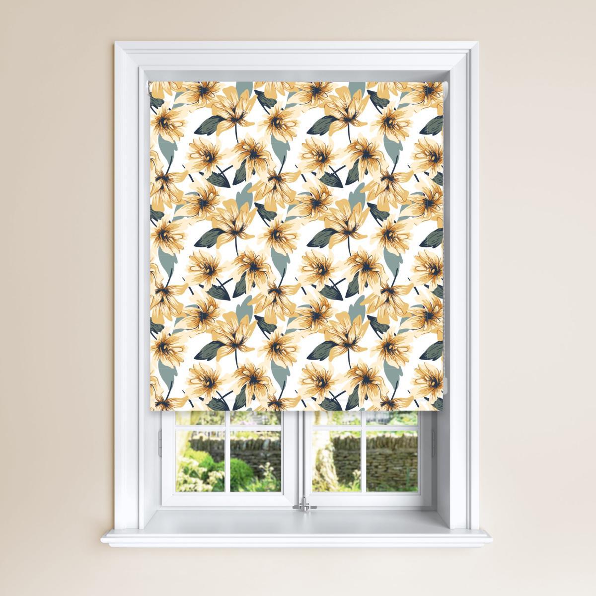 Floral and Leaf Ochre Blackout Roller Blind Yellow, Grey and White – image 2