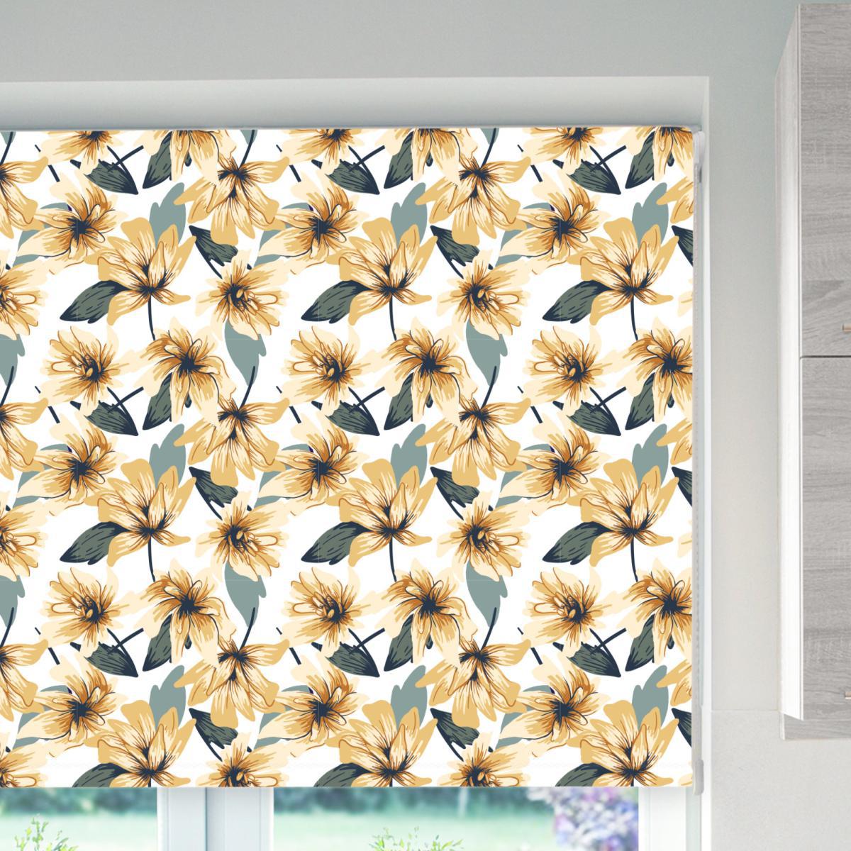 Floral and Leaf Ochre Blackout Roller Blind Yellow, Grey and White – image 3
